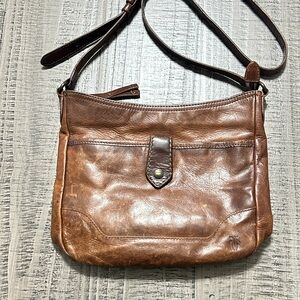 Frye Melissa Button Cognac Brown Leather Bag with Striped Interior